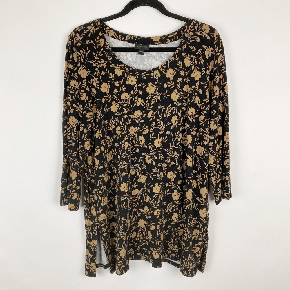 J. Jill Tunic Top Women M Black Tan Floral Wearever 3/4 Sleeve Side Vent Stretch